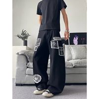 Jean droit noir pour homme, style streetwear gothique, délavé, patchwork, bords bruts, hip-hop, été-automne