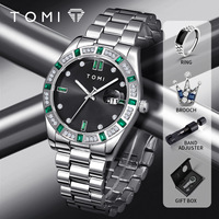 Montre-bracelet classique à quartz pour homme TOMI 305, cadran à aiguilles diamantées, bracelet en acier, ensemble de bijoux avec bague et broche, cadeau pour homme