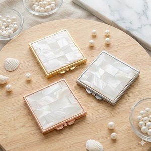 Wholesale Custom Logo Natural Shell Inlay Pocket <b>Mirror</b> Square Metal Vanity <b>Compact</b> <b>Mirror</b> Bridesmaid Gift Supply Gold Silver - Product Image 1