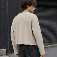 Sweat-shirt à étiquette privée pour homme, en coton gaufré beige, avec patte de boutonnage, imprimé graphique, ourlet brut, coupe courte