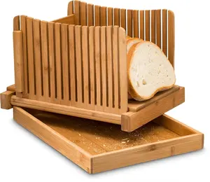 Bamboo Foldable Bread Slicer with Crumb Catcher Tray, Folds Flat for Easy Storage Adjustable Cutting Guide for Homemade Bread