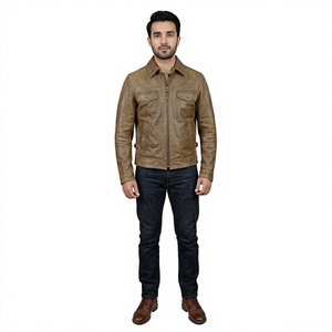 Veste en cuir pour homme de haute qualité, grande taille, col montant, fermeture éclair, coupe ajustée, veste en cuir de motard pour homme - Product Image 1