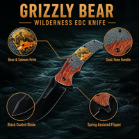 Couteau pliant OEM personnalisé de qualité industrielle, motif faune sauvage, ours grizzly, saumon, à ressort, manche en plastique noir, acier 3Cr13