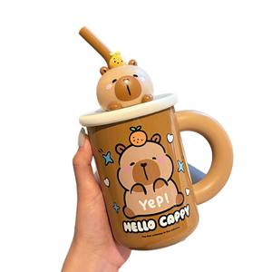 Taza Aislada Hello Cappy de 470 ml, Color Marrón, con Tapa de Oso y Pajita para Café y Té - Product Image 1