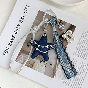 Custom Y2K Denim Blue Star Keychain Sequins Ribbon Tassel <b>Bow</b> Heart Charm Bag Pendant for Women <b>Car</b> Key Holder - Product Image 3