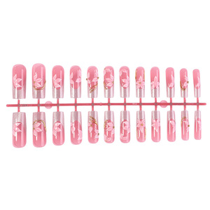 Nouveau produit tendance : Faux <span class=keywords><strong>ongles</strong></span> à presser réutilisables, forme longue carrée, motif floral 3D avec ligne dorée à la française, couvrance totale - Product Image 5