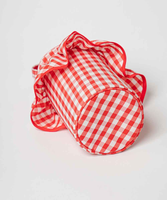 Tas Selempang Wanita Motif Kotak-kotak Merah Putih dengan Ruffle, Bahan Kanvas, Tali Lepas Pasang, Tas Bahu Lucu untuk Sehari-hari