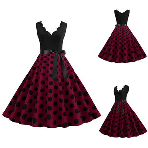 Abito Lungo Vintage da Donna con Stampa a <span class=keywords><strong>Pois</strong></span>, Scollo a V, Linea ad A, Stile Retrò Estivo Casual, Vendita all'Ingrosso OEM ODM - Product Image 4