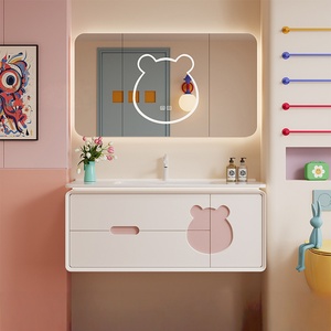 New gentle healing cream style integrated ceramic basin intelligent bear mirror oak baked <b>paint</b> bathroom cabinet - Product Image 1