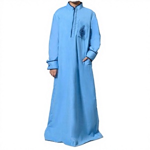 Men's Light Blue Thobe <b>Long</b> Sleeve Stand Collar Embroidered Cotton Floor Length Modest Daily Wear Middle East Style - Product Image 3