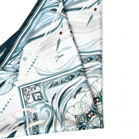 Pañuelo cuadrado grande de satén con estampado de mandala oceánico, borde azul verdoso