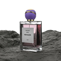 Flacon de parfum vide rectangulaire transparent de 30 ml, 50 ml, 100 ml avec bouchon sphérique artistique de différentes couleurs en verre
