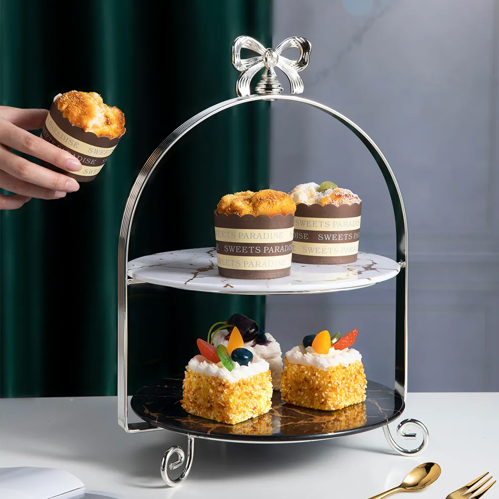 Goud Zilver Cake Stand Marmeren Plaat Display 2 3 Tiers Afternoon Tea Dessert Voedsel Lade Voor Banket/Bruiloft/party/Restaurant