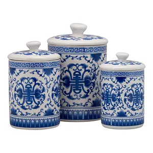 Set mit 3 Mehl Kaffee Tee Home Storage Chinesische Art blaue Keramik gläser mit Deckel