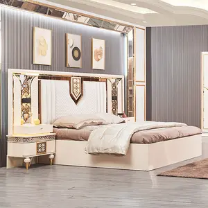 حار بيع الحديثة تصميم الملك حجم كامل طقم سرير خشبي سرير مزدوج الألواح الأمامية لغرفة النوم الفاخرة الأثاث مع أضواء