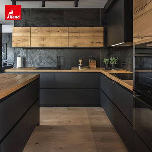 Alland Contreplaqué en forme de L Laque noire <span class=keywords><strong>Verre</strong></span> moderne Armoires de cuisine modulaires personnalisées - Product Image 3