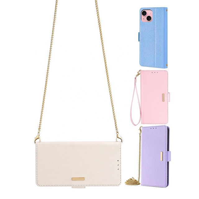 Stock Fashion Leather Mobile Phone Bags Girly Crossbody Flip Wallet Cover for iPhone 15 13 Pro Max Xiaomi Leather Phone Bag
