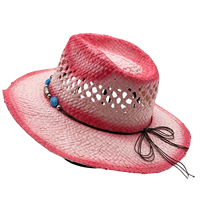 Chapeau de cowboy en paille rose style bohème, dégradé, avec bande de perles turquoise ajourées, pour l'été, enterrement de vie de jeune fille, chapeaux personnalisés pour femmes, vente en gros