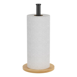 Standing <b>Paper</b> Towel Holder Wooden Base Black Metal Rod Minimalist Design Free Standing For <b>Kitchen</b> Bathroom - Product Image 1