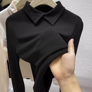 Women Long Sleeve Black Base Layer Shirt Stand Collar Slim Fit Autumn Winter Inner Wear Solid Color T-Shirt - Product Image 1