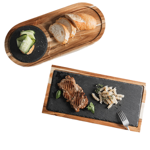 Bandeja Rectangular Personalizable de Madera Maciza de Acacia, Diseño Moderno, Ecológica, con Pizarra <span class=keywords><strong>Negra</strong></span>, para Comida <span class=keywords><strong>Occidental</strong></span>, Hoteles Japoneses - Product Image 1