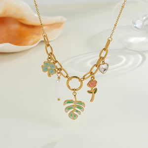 カラフルなドーパミンエナメルネックレス 18金メッキステンレススチール クローバー ローズ パール リーフチャーム ハワイ ハート フラワーネックレス - Product Image 2