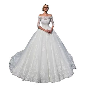 Off The Shoulder Ball Gown Wedding Dress White Lace Empire Waist Sweetheart Neckline Long Sleeve Vintage Style - Product Image 4