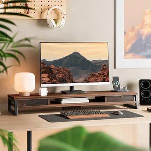 Soporte de Monitor de Madera Ajustable y Extensible con Cajón para 2 Monitores, Estante Elevador de <span class=keywords><strong>Escritorio</strong></span> de 2 Niveles - Product Image 2