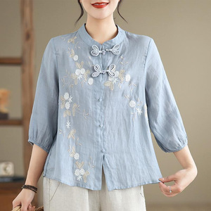 Chinese Style Stand Up Collar Shirt Women Blue Cotton Linen Three Quarter Sleeve Embroidered Blouse Everyday Wear - Product Image 5