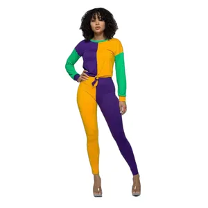 Blocchi di Colore a contrasto Donna 2pcs Abbigliamento Set Tie Knot Shirt Leggings Mardi Gras Abiti