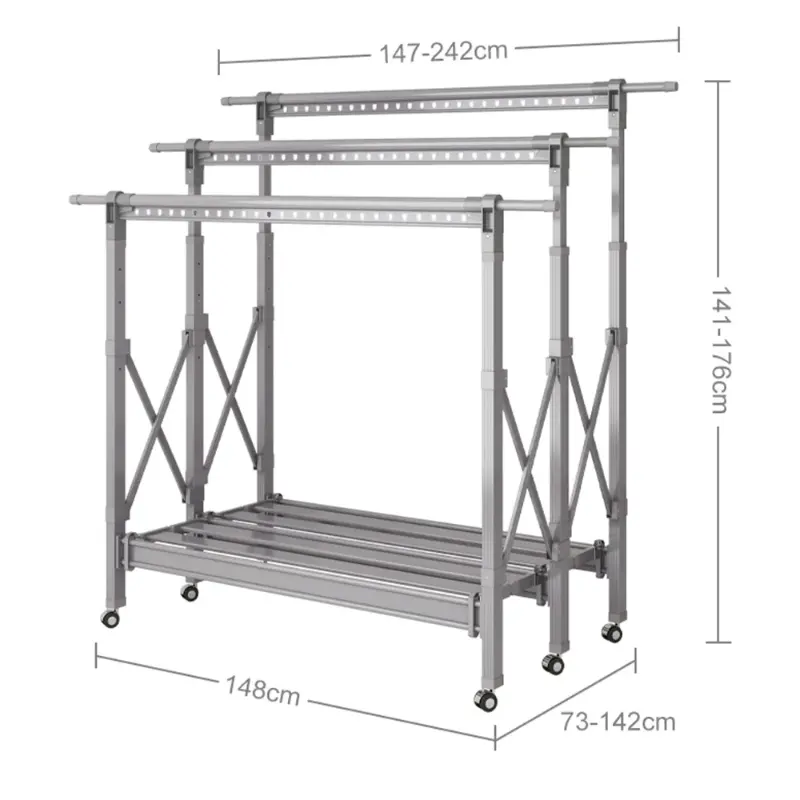 Heavy Duty Uitschuifbare 3 Staven Aluminium Stand Kleding Droogrek Voor Het Drogen Van Kleding Handdoeken Linnengoed Met Winddichte Gatenhaken