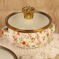 Set Panci Sup Enamel Tiga Bagian Tebal dengan Tutup Kaca Gaya Cina Baru, Set Peralatan Masak Mini untuk Makanan Bayi dengan Tutup Emas
