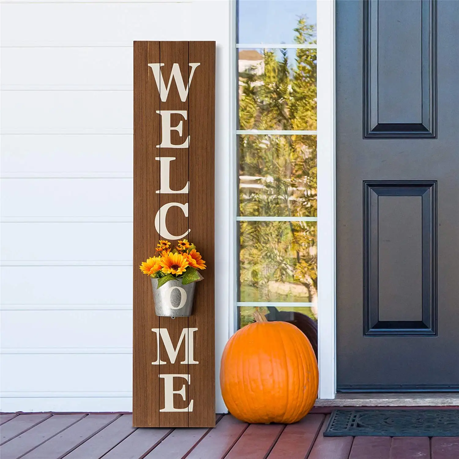 Cute Metal Hanging Planter Wooden Welcome Sign for Porch Front Door