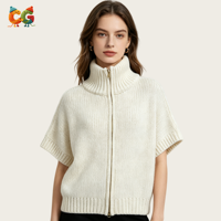 Pull-over décontracté à col montant zippé pour femme, en laine tricotée unie, coupe ample, manches courtes – Fournisseur direct usine CG
