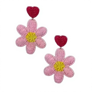 Handmade Embroidered Beaded Flower <b>Earrings</b> Pink Yellow Center Red Heart Top Valentine's Day Halloween Christmas Party Jewelry - Product Image 1