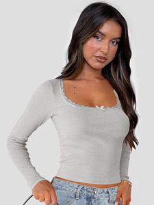 T-shirt côtelé à manches longues en dentelle pour femme, coupe ajustée, col rond, 92 % viscose, 8 % élasthanne, imprimé personnalisé - Product Image 4