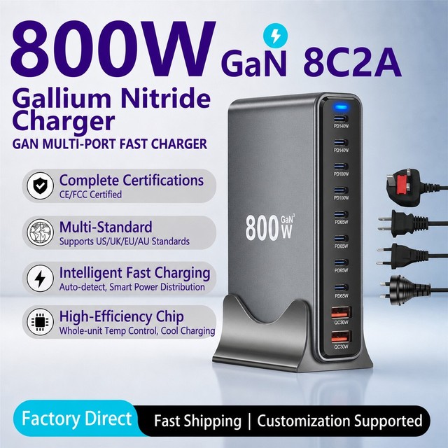 800W GaN Charging Station 10-Port USB C Desktop Fast Charger PD 3.1 Multiple Devices Office for Laptop MacBook Tablet AU EU Plug