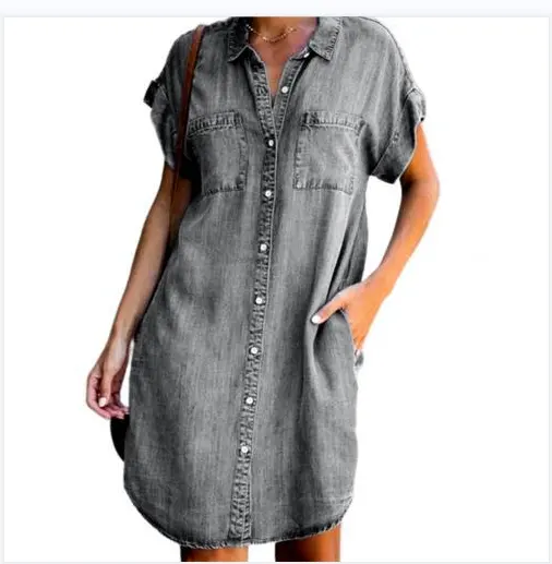 Hot Selling blue cowboy short-sleeved dress slim-fitting women jean denim dress medium long skirt dresses