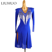 LUHUO Mode supérieure Robe de patinage de danse latine sans manches Jupe Rumba Costume de scène une pièce Bleu