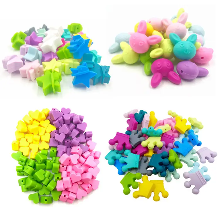 Vente en gros collier porte-clés couronne en forme de cœur perles souples en silicone à mâcher 12mm pour dentition de bébé sans Bpa