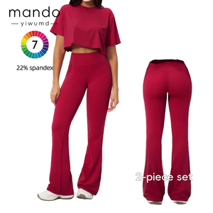Conjunto Deportivo Casual de 2 Piezas para Mujer, 78% Nailon, 22% Elastano, Top Corto Holgado de Manga Corta y Leggings Acampanados - Product Image 1