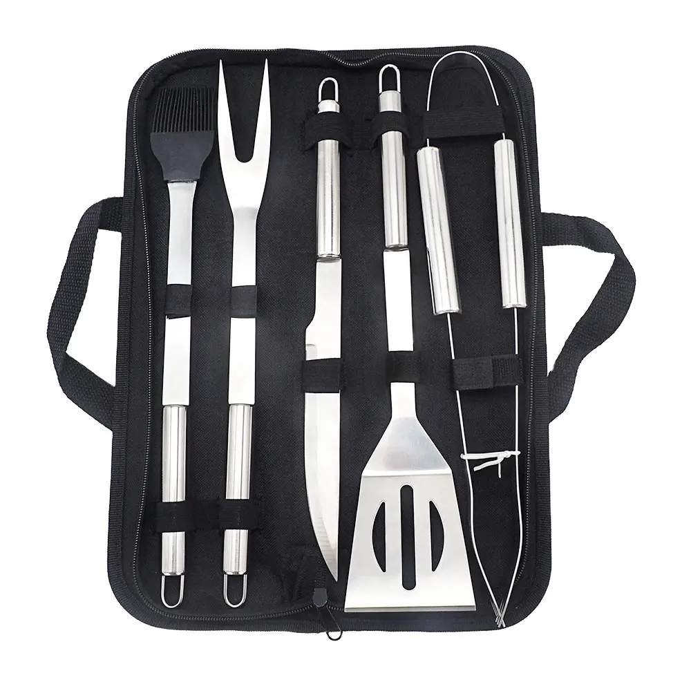 6PCS Cheap Portable Small Order Stainless Steel Handle Tool Set Barbecue Accessories Grill Round BBQ With Oxford Cloth Case