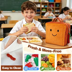 Sac à déjeuner isotherme pour enfants, motif toast en peluche mignon, fermeture éclair étanche, sac fourre-tout thermique en velours côtelé doux, <span class=keywords><strong>glacière</strong></span> légère - Product Image 4