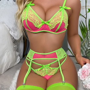 Nouvel ensemble de lingerie érotique de haute qualité, patchwork bicolore, ensemble luxueux de soutien-gorge et culotte avec jarretière - Product Image 3