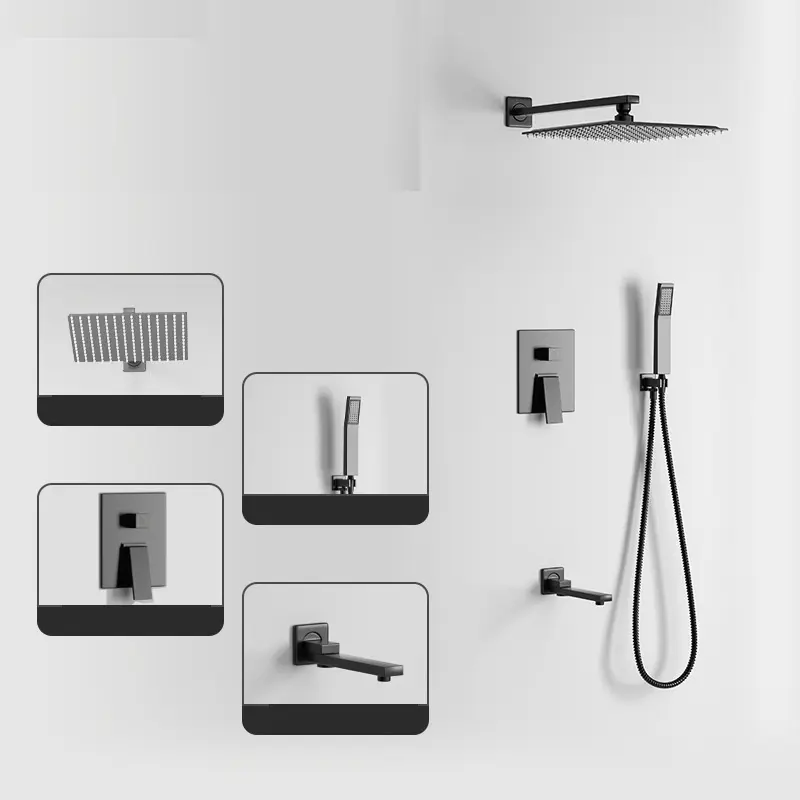 2024 Hot Black bathroom hot and cold shower mixer in wall mounted rain Concealed Square Shower Set Rain Without Slide Bar