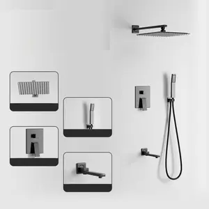 2024 Hot Black Bathroom Hot And Cold Shower Mixer In Wall Mounted Rain Concealed Square Shower Set Rain Without Slide Bar