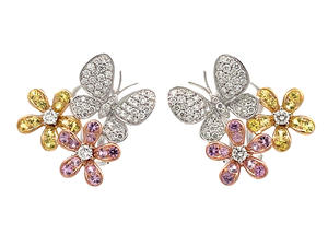 Boucles d'oreilles clous motif papillon et fleur en or blanc 18 carats avec pierres précieuses roses et jaunes et diamants blancs – Bijoux mignons et naturels pour femme - Product Image 4