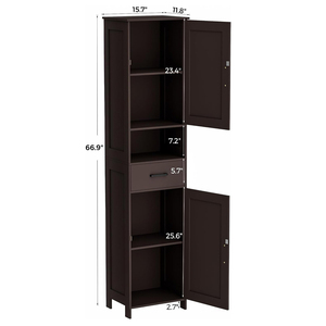 Meuble de rangement de salle de bain moderne et haut avec portes coulissantes, armoire à linge autoportante avec tiroirs et compartiments ouverts, écologique pour petits espaces - Product Image 2