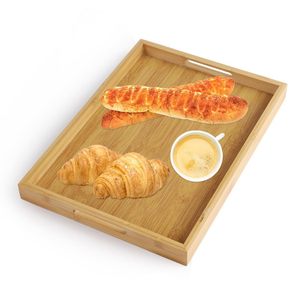 Plateau de service rectangulaire en bambou 38x25cm couleur bois, plateau alimentaire polyvalent pour bureau - Product Image 3