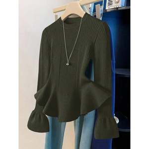 เสื้อสเวตเตอร์ผู้หญิงแขนยาวคอสูงสีน้ำตาลถักไหมพรมไซส์ใหญ่ - Product Image 5